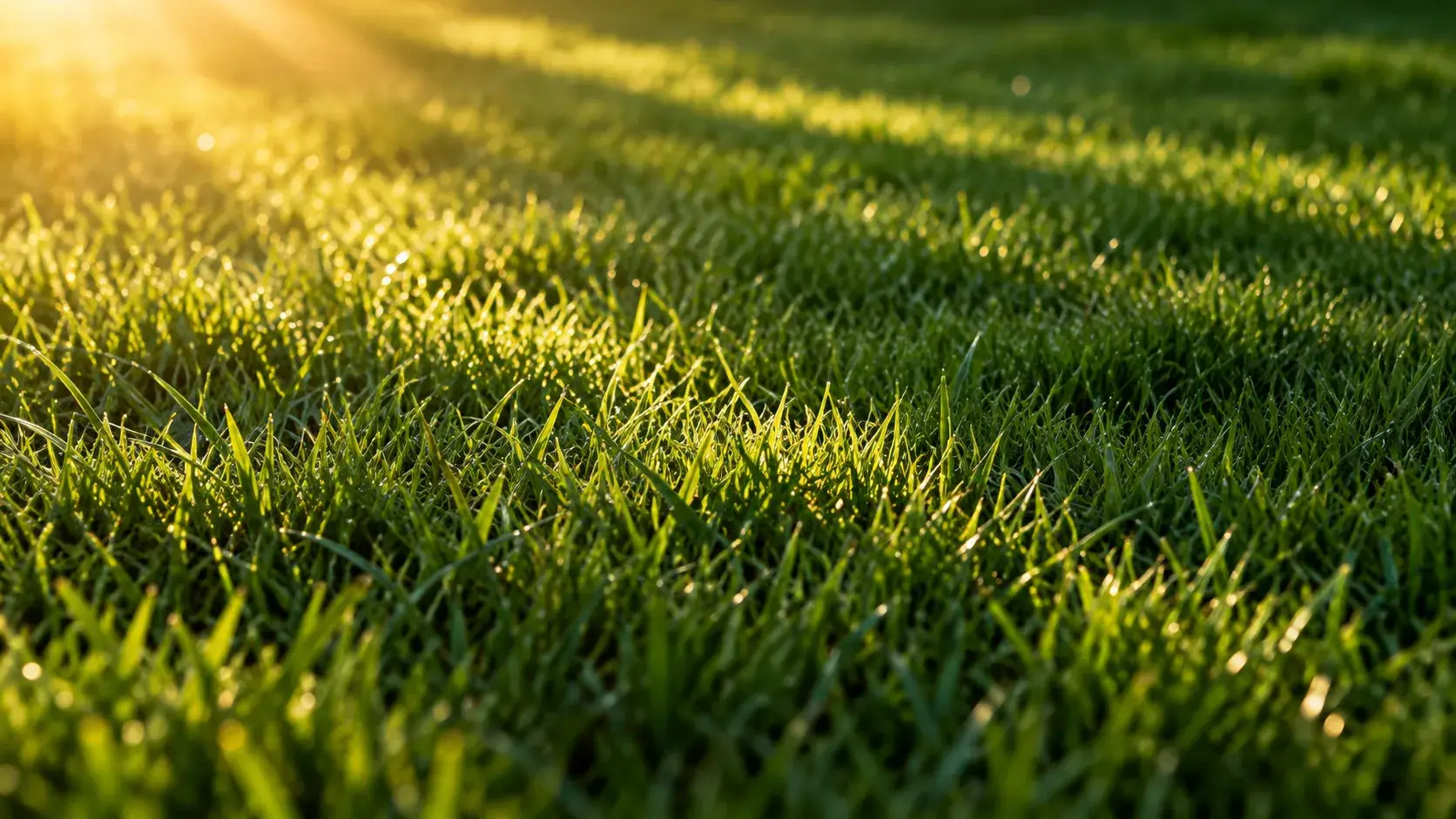 Dew-covered green grass lit by low golden sunlight