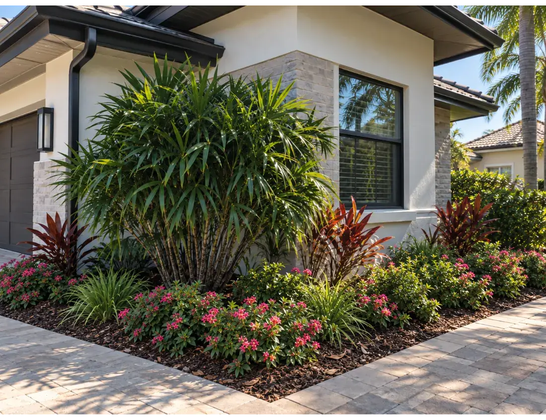 Landscape bed of palms, red cordylines, and pink flowering shrubs in dark mulch beside a paver driveway
